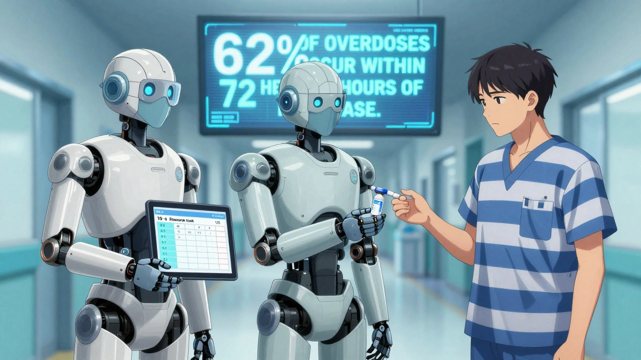 A patient receiving naloxone and naltrexone from medical staff in a hospital hallway after release.