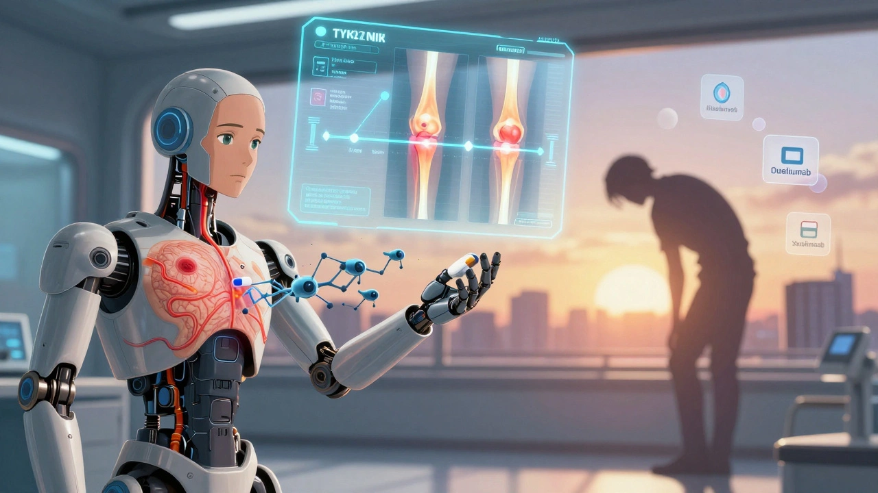A patient swallowing a pill that turns into nano-machines repairing skin and joint damage, with a timeline showing improved prognosis.