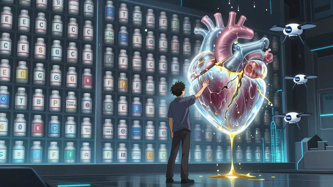 A person reaching for a supplement bottle blocked by a heart-shaped force field, thousands of floating supplement labels behind.
