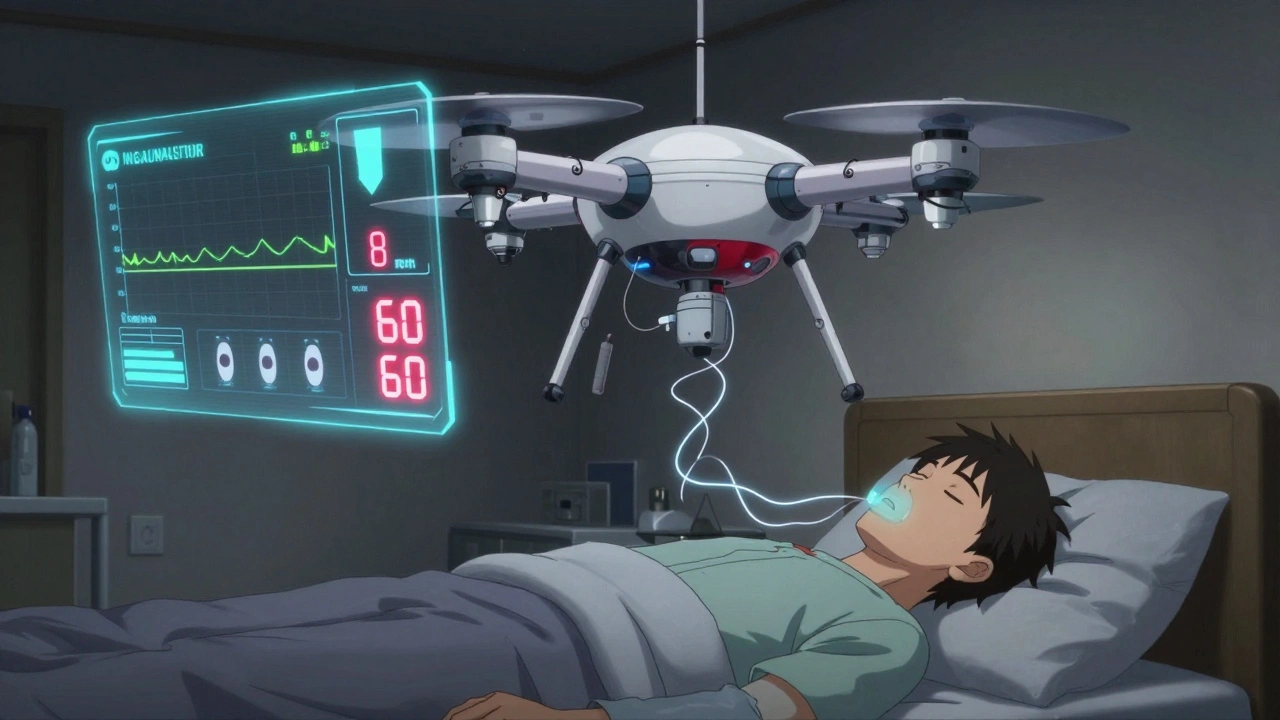 A person sleeping as a medical drone hovers, displaying critical vital signs and deploying naloxone automatically.