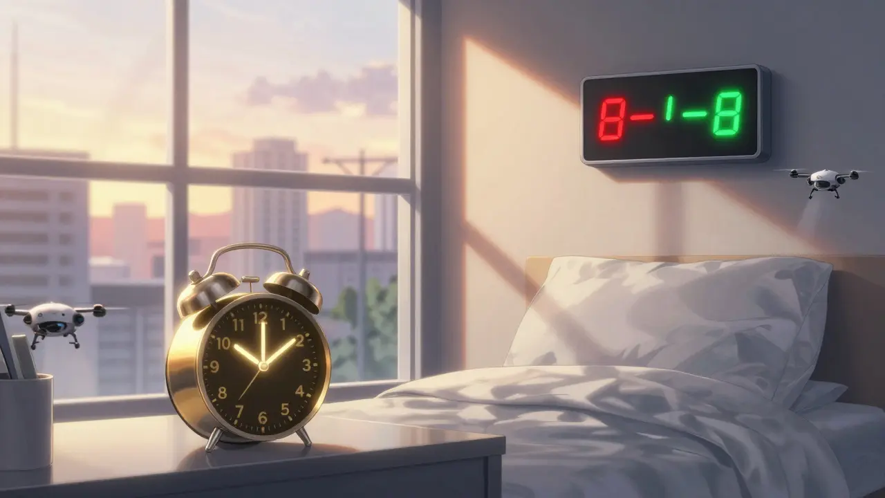 A person waking at the same time daily, with sunlight and a digital circadian clock showing internal rhythm stability.