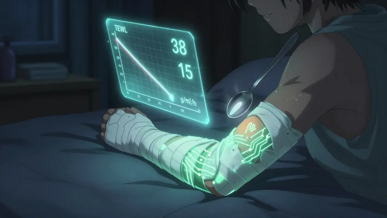 A person with a glowing wet wrap and hovering spoon relieving nighttime eczema itch.