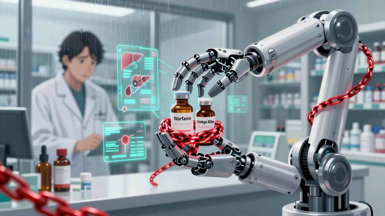 A pharmacist's robotic arm holding two vials with a red warning chain wrapping around them, holograms of enzymes in the air.