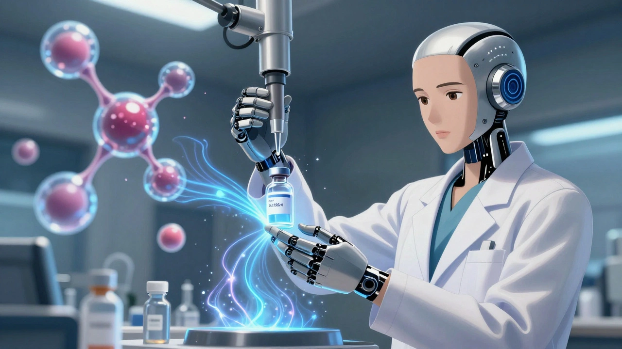 A pharmacist adds flavoring to a medicine vial as robotic arms assist, with molecular structures glowing and bitterness dissolving in energy waves.