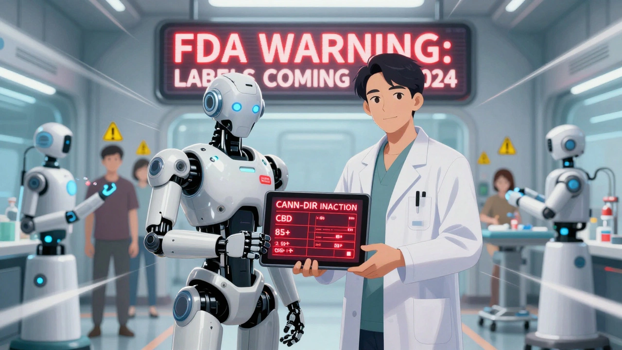 A pharmacist and doctor review a digital CBD interaction tool with glowing red warnings, surrounded by FDA compliance signage in a futuristic clinic.