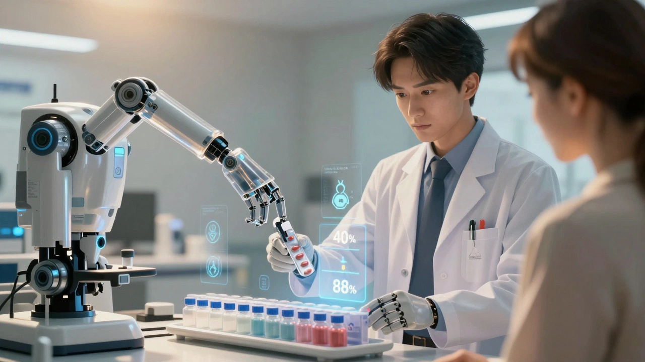 A pharmacist and patient stand beside a robotic dispenser releasing synchronized monthly pill packs with rising adherence rates.