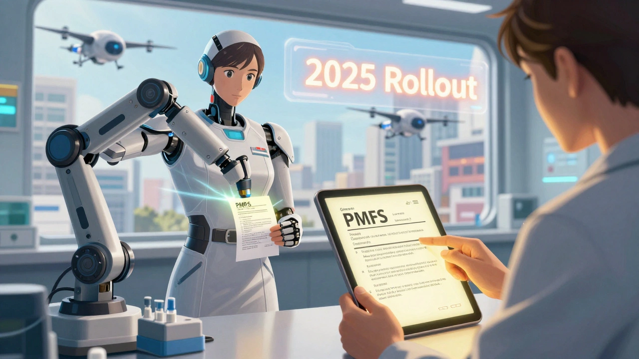 A pharmacist and robot print PMIs as a patient reviews it on a tablet, cityscape visible behind them.