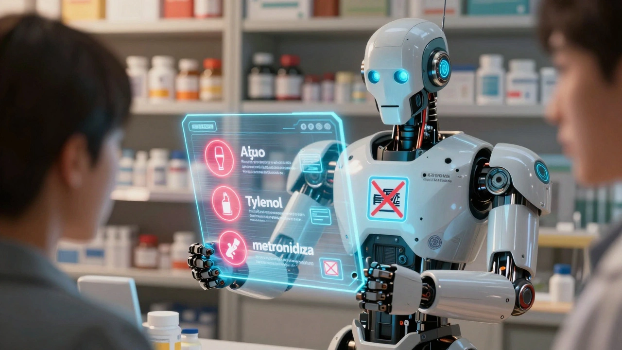 A pharmacist handing a patient a holographic alcohol-medication risk chart with red warning symbols.