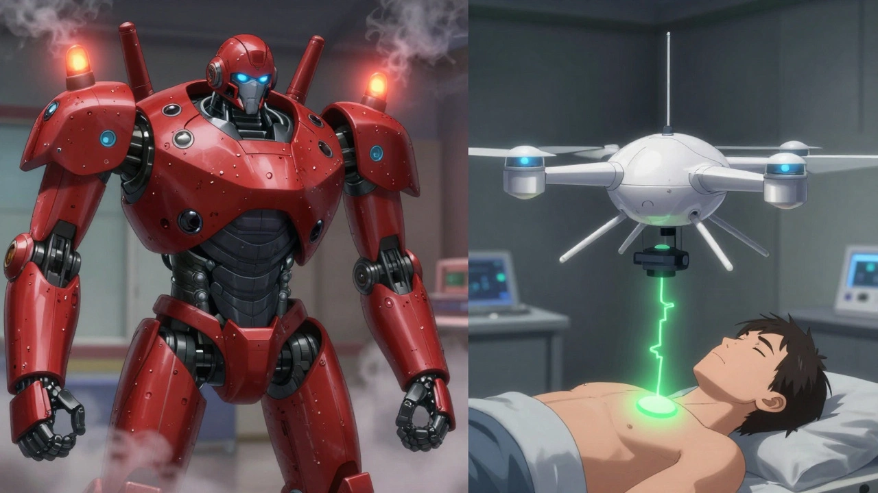 A red propranolol robot destroys airways while a white atenolol drone protects them in a dramatic split-screen scene.