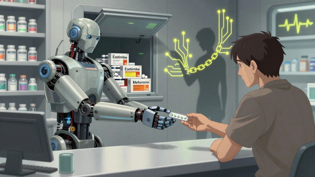 A robotic pharmacist offers a combo pill while a hidden stash of cheap generics grows behind, symbolizing hidden cost disparities.