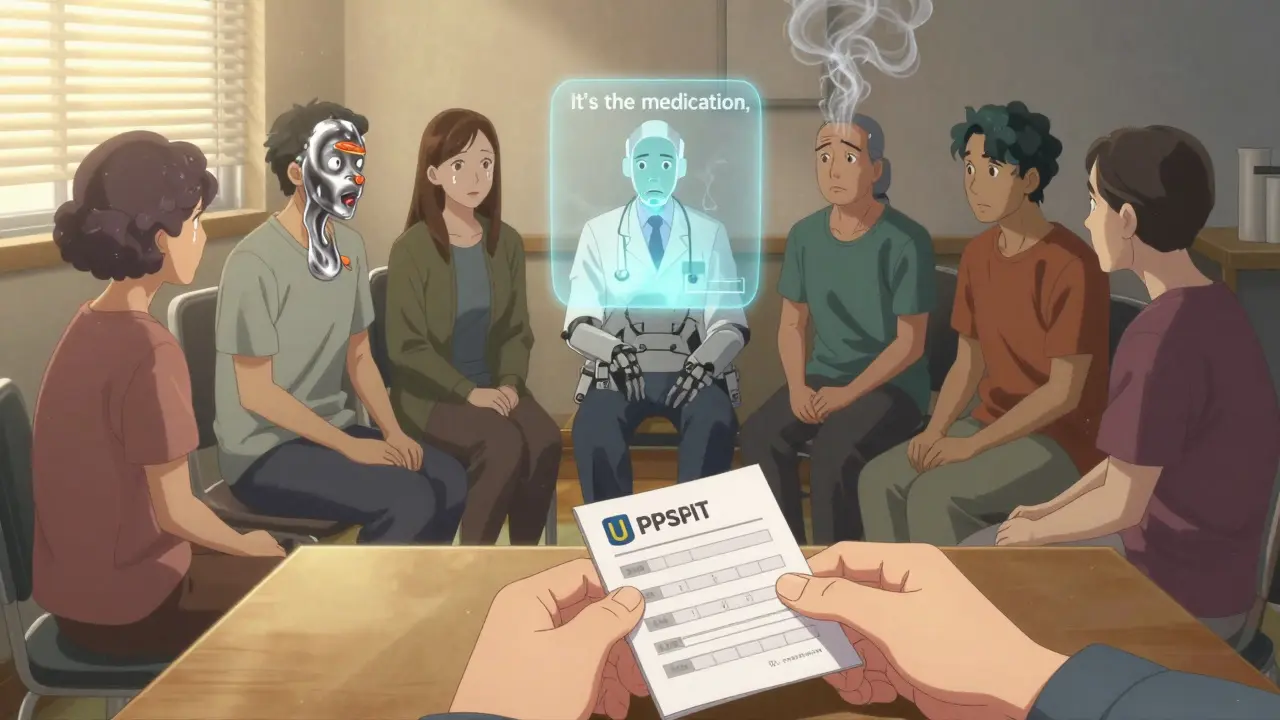 A support group of patients each surrounded by personal smell distortions, with a UPSIT test booklet on the table.