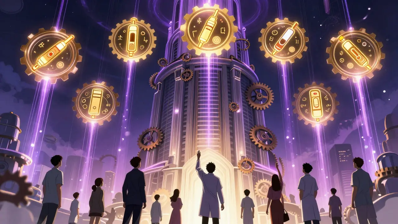 A towering FDA database emits purple light as seven golden interchangeable biosimilar icons float above it.