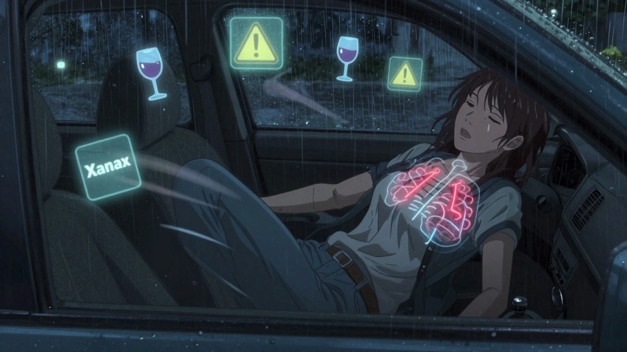 A woman collapsing in her car at night, surrounded by floating warning icons of medication and alcohol.