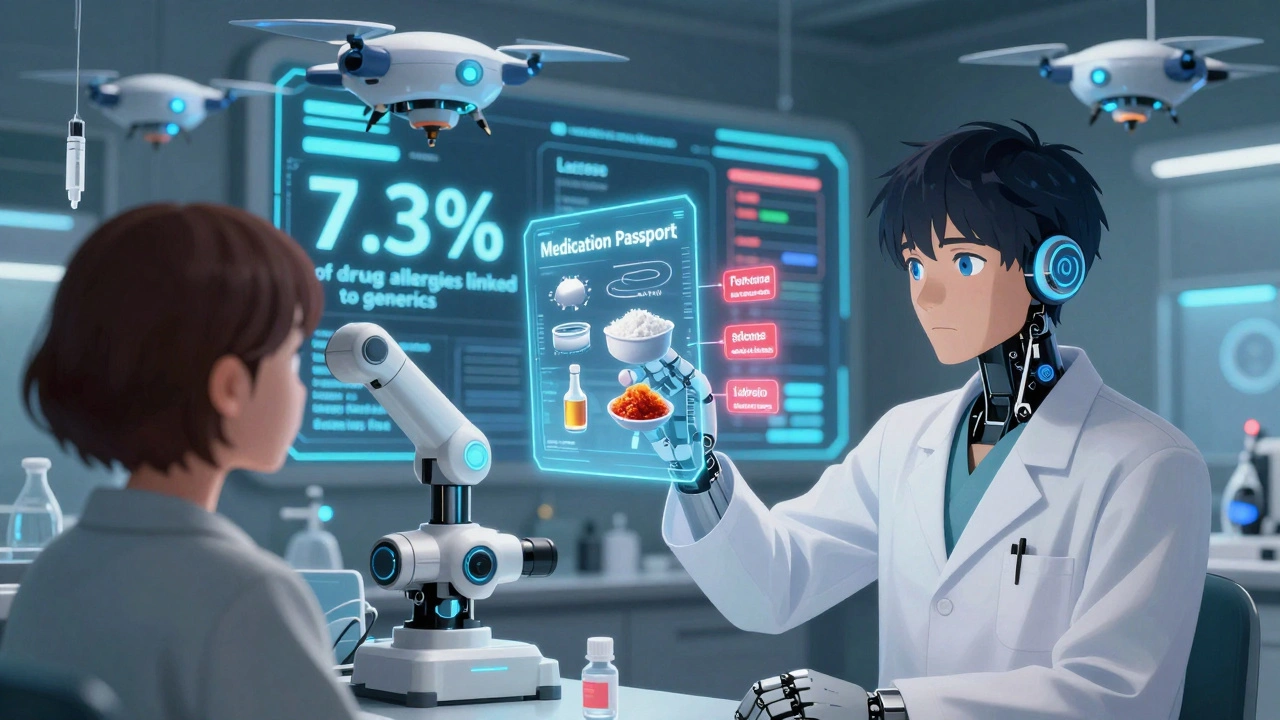 Allergist using holographic passport to identify allergens in a high-tech medical lab