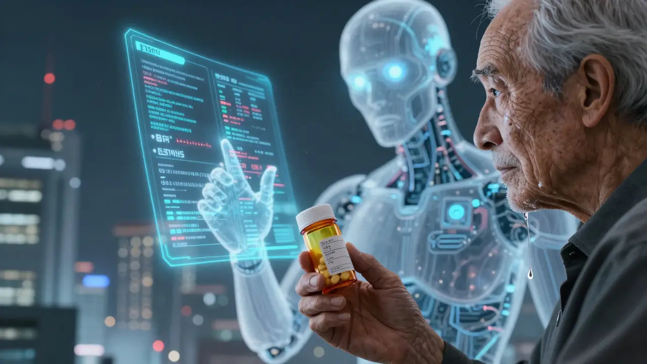 An elderly patient holds a pill bottle while a biomechanical AI guardian scans their medical data with glowing holograms.