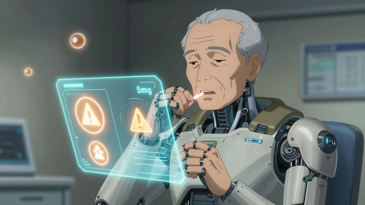 An elderly person taking Kemadrin with holographic side effect warnings glowing around them in a futuristic clinic.