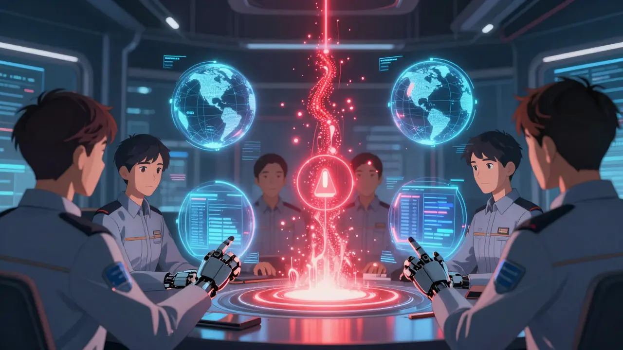 Analysts manipulate global pharmacovigilance data streams through a neural interface as a red safety signal pulses urgently.