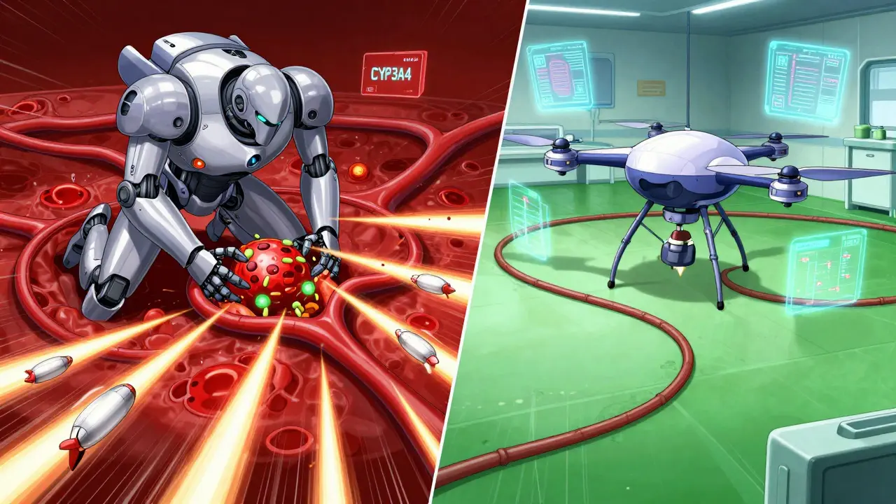 Battle between robotic clarithromycin and azithromycin drones controlling drug flow in blood vessels, red danger vs green safety zones.