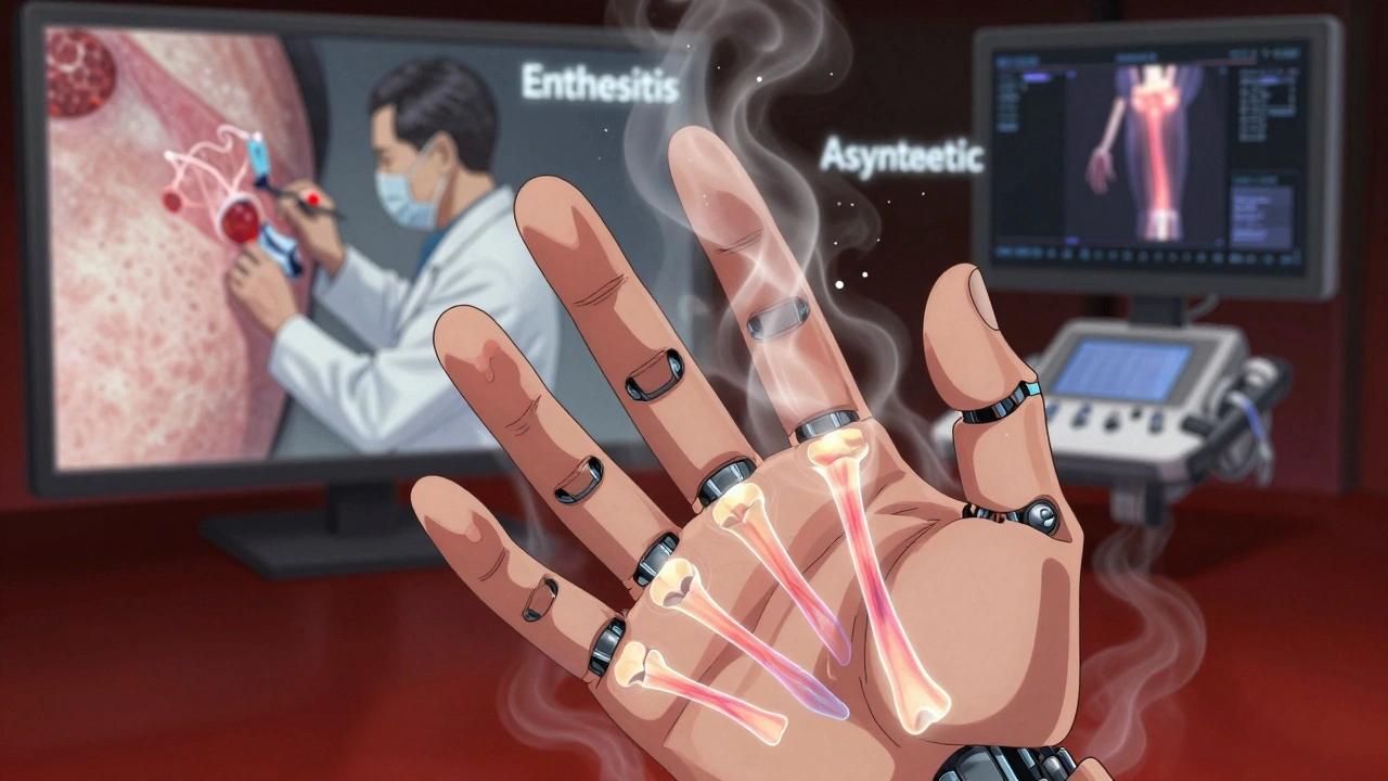 Close-up of a swollen finger with nail pitting, surrounded by holographic images of inflamed tendons and medical scanners.