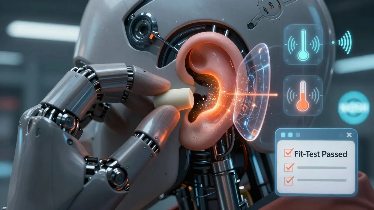 Close-up of hand inserting earplug with transparent inner ear showing damaged hair cells and protective shield activating.