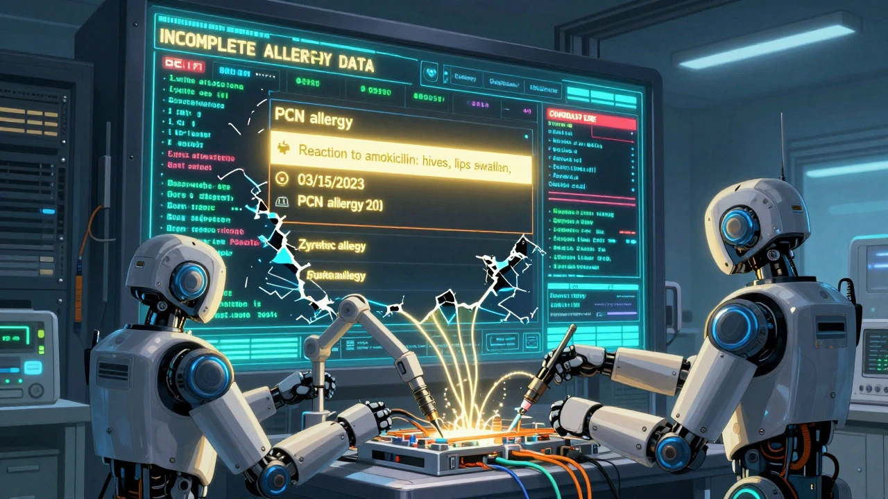 Digital medical record system with glowing correct allergy data amid crumbling errors.