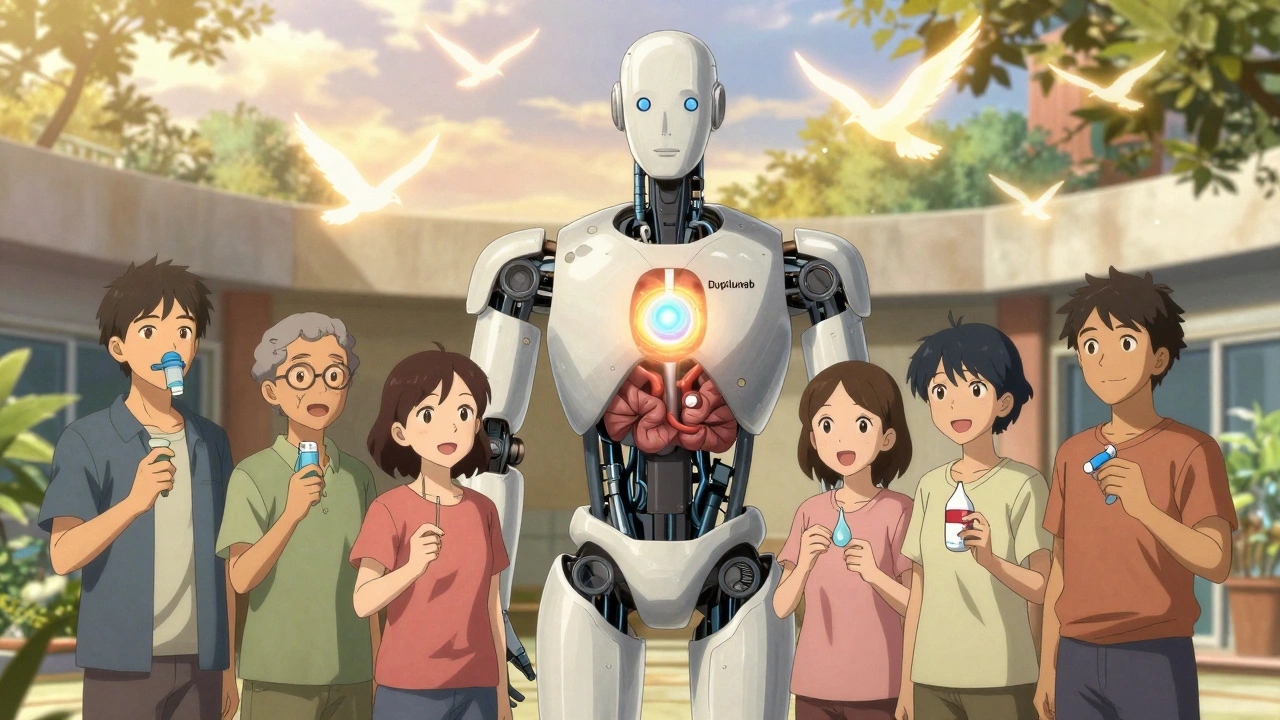 Diverse patients with medical symbols standing before a giant humanoid robot made of airways, symbolizing treatment hope.