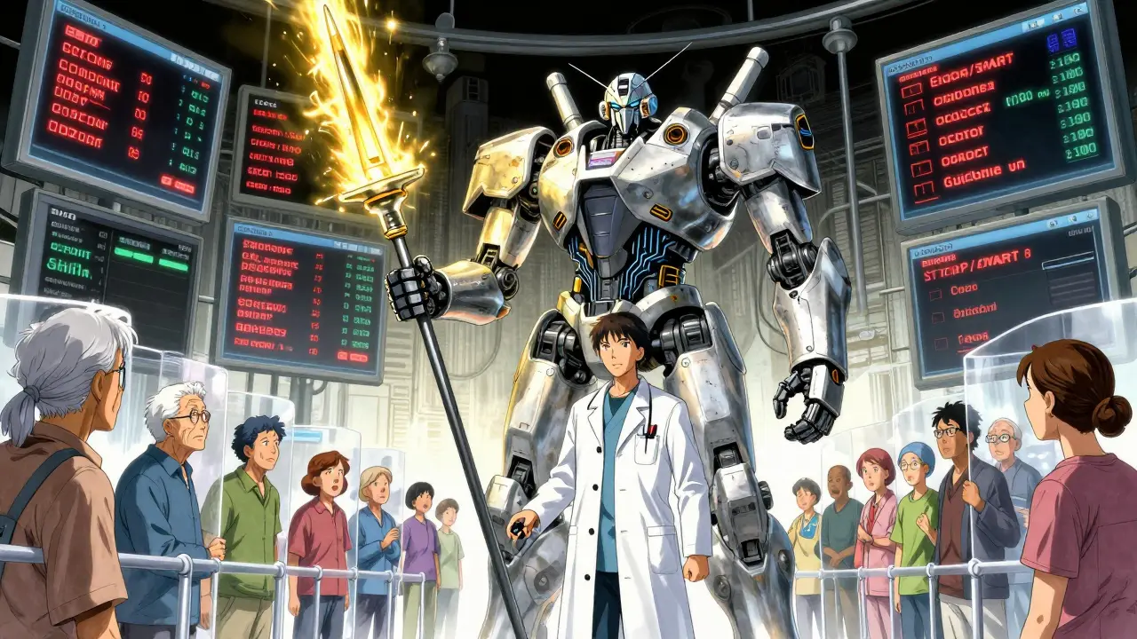 Doctor in armored suit wielding azithromycin lance, shielding patients from failing EHR screens and a giant clarithromycin machine.
