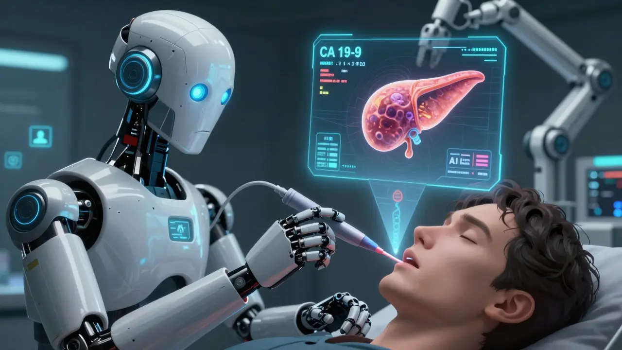 Doctor using endoscopic probe projecting holographic pancreatic tumor with medical data streams.