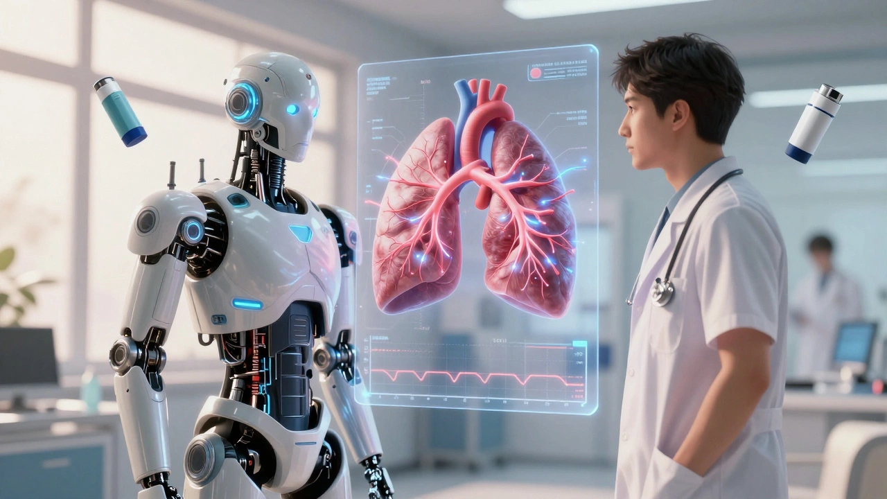 Doctors review a 3D lung-heart model with stable spirometry data, rescue inhalers floating nearby as symbols of safety.
