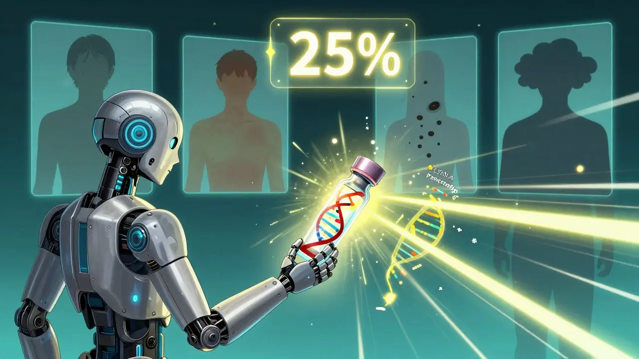 Glowing blood vial with DNA and AI analysis, four patients showing early cancer symptoms.