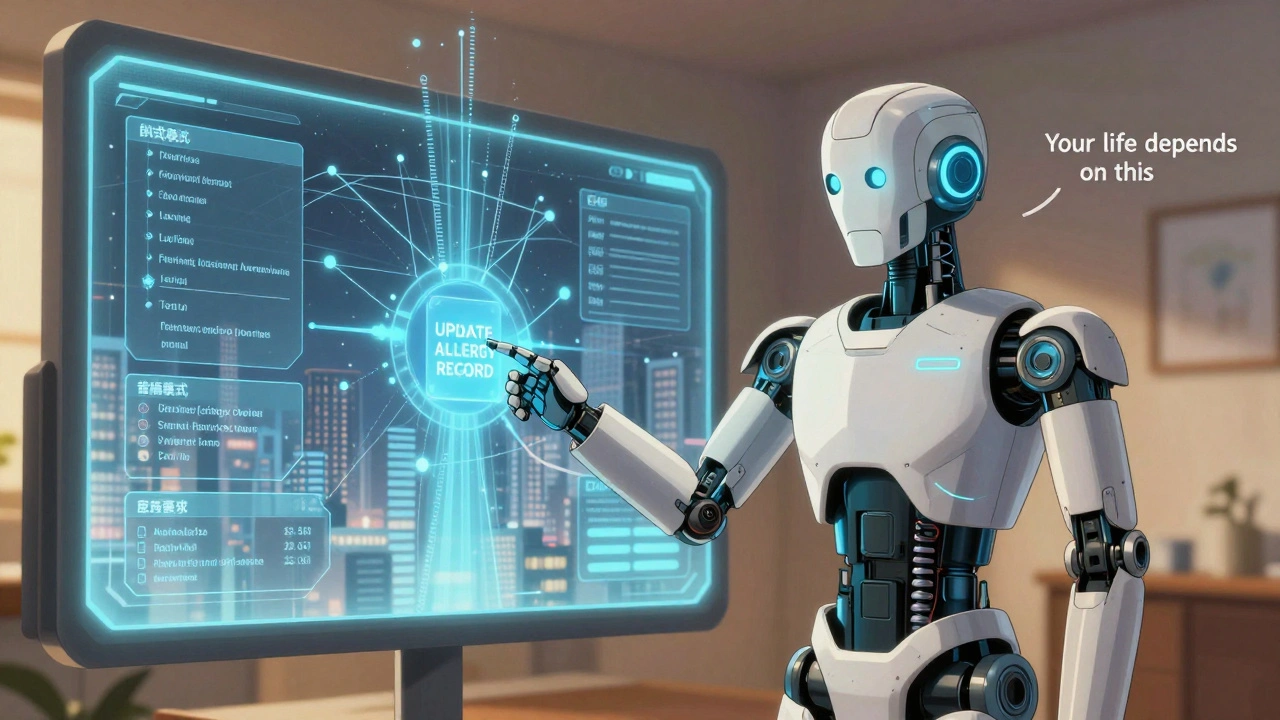 Patient updating their allergy record on a home touchscreen as data flows into a network.