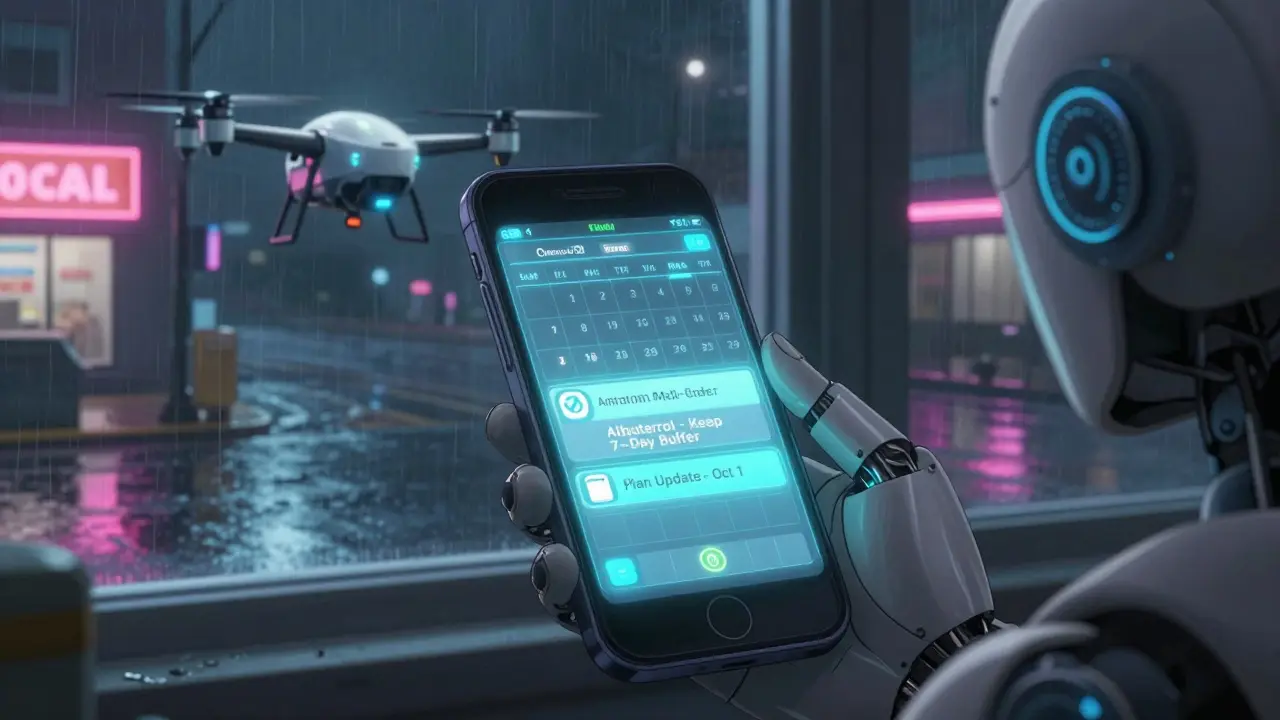Patient views refill reminders on holographic calendar as drone hovers outside.
