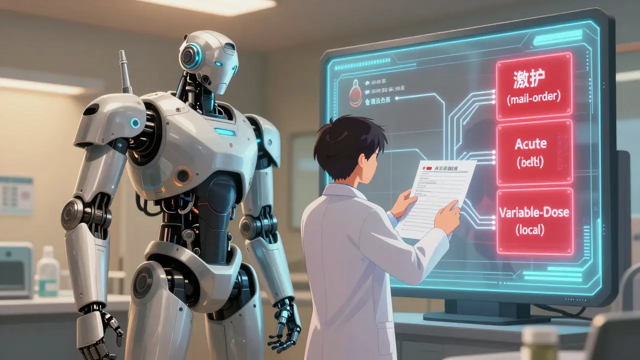 Pharmacist and robot analyze prescription categories on a glowing digital screen.
