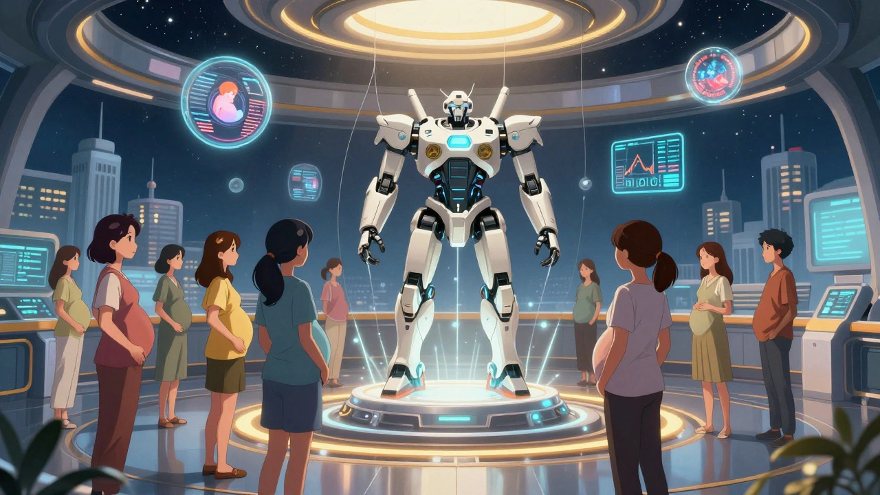 Pregnant women connected by light beams to a central AI cradle, with floating health data orbs in a high-tech room.