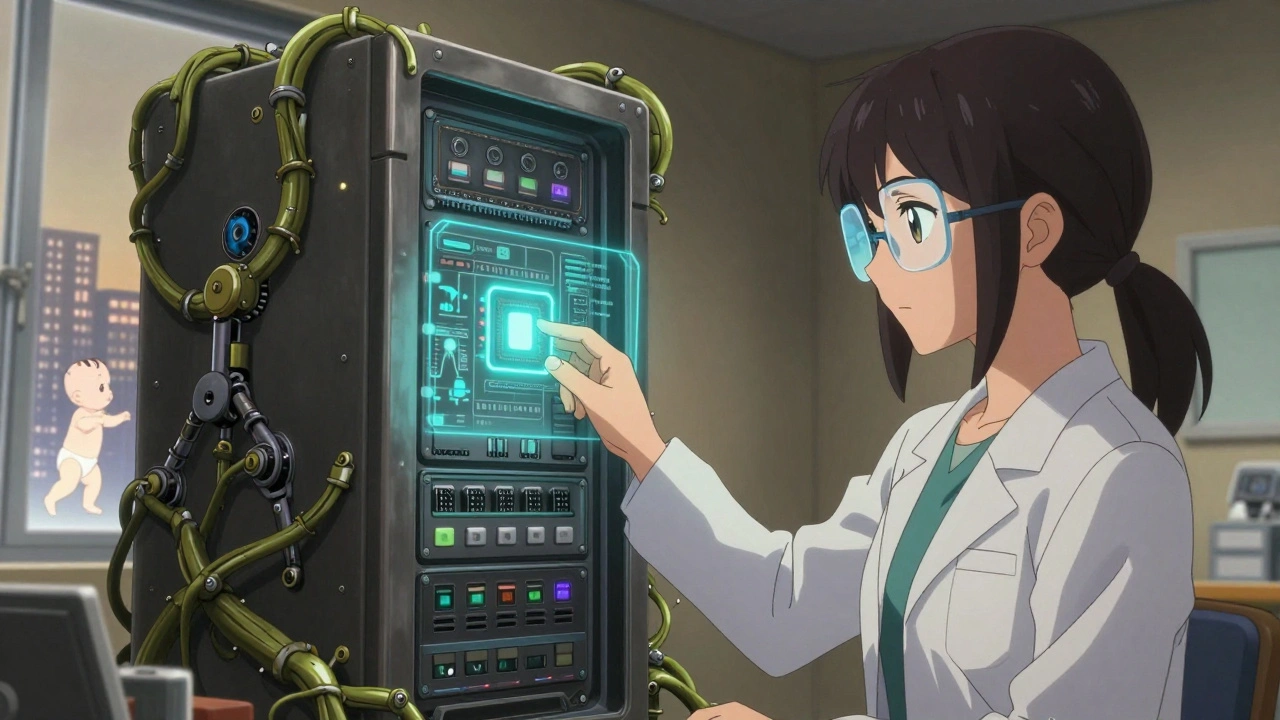 Scientist placing a data chip into a temple-like registry server, with projected baby steps glowing across a city skyline.