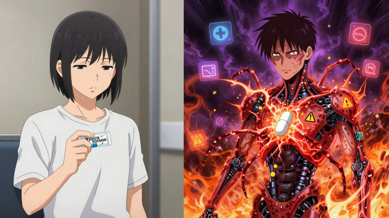 Split scene: brand-name pill vs generic pill causing glowing hives and toxic filaments