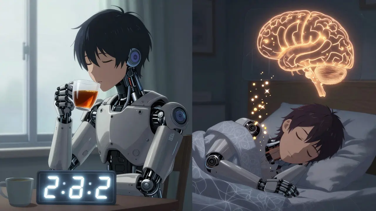 Split scene: caffeine ending at 2 p.m. and brain glowing with restful sleep, showing the impact of timing on sleep quality.