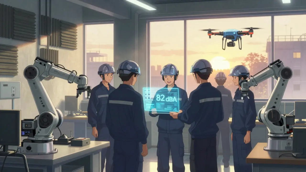 Team of workers in a quiet, retrofitted workshop with holographic noise readout and sunrise lighting.