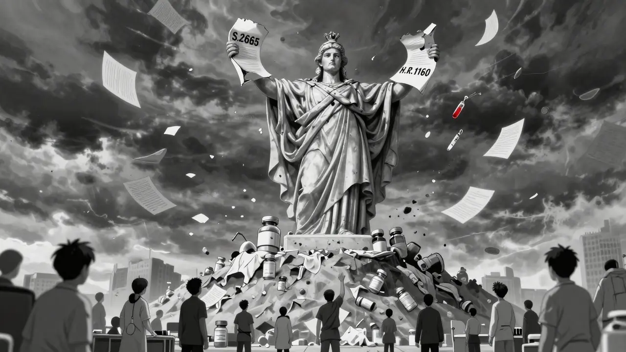 A crumbling Congress statue holds broken bills as patients reach up from a mountain of empty medicine vials.