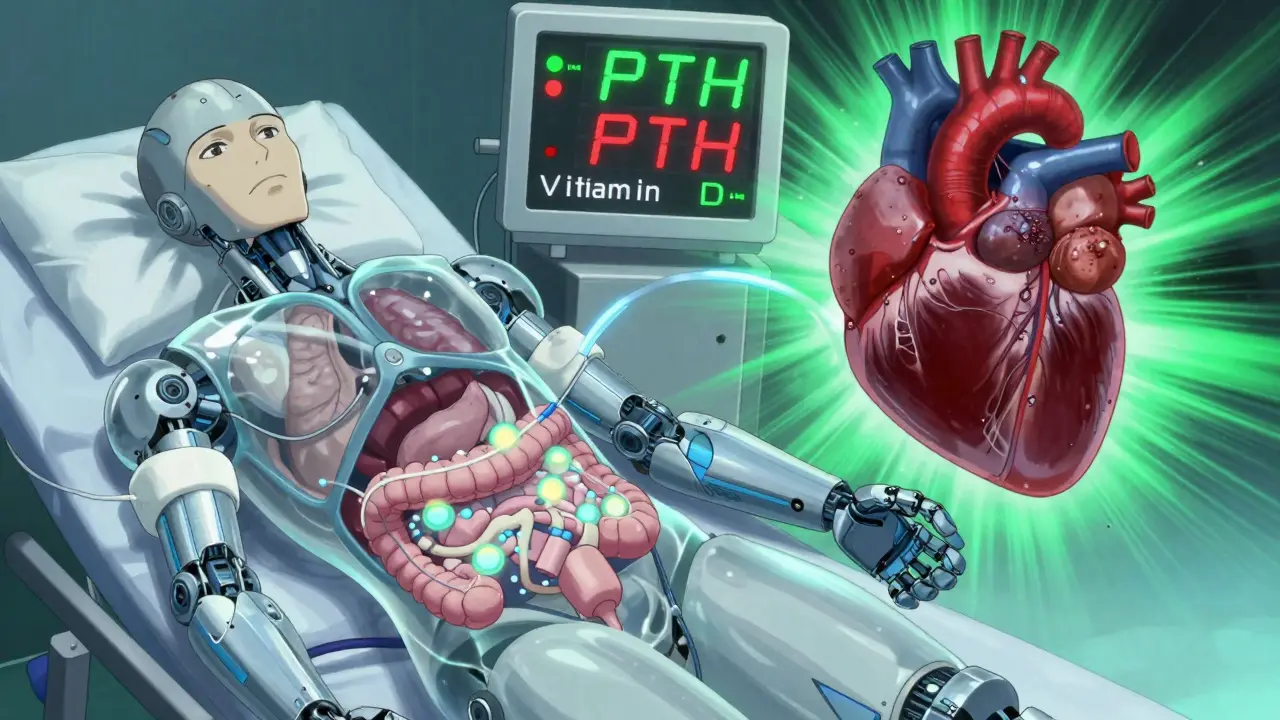 A dialysis patient with transparent skin showing phosphate binders and heart calcification in robotic style.