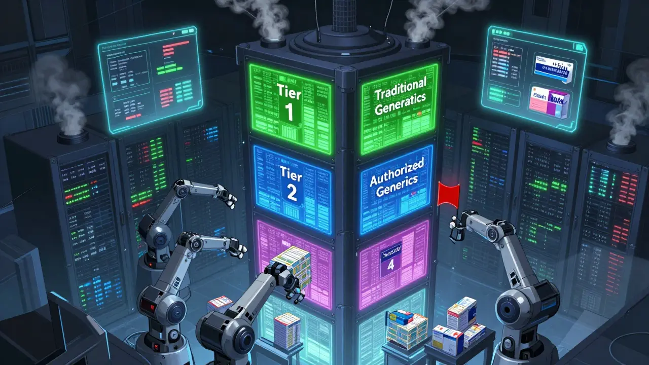 A digital formulary tower shows authorized generics in the lowest cost tier, with brand drugs flagged in red.