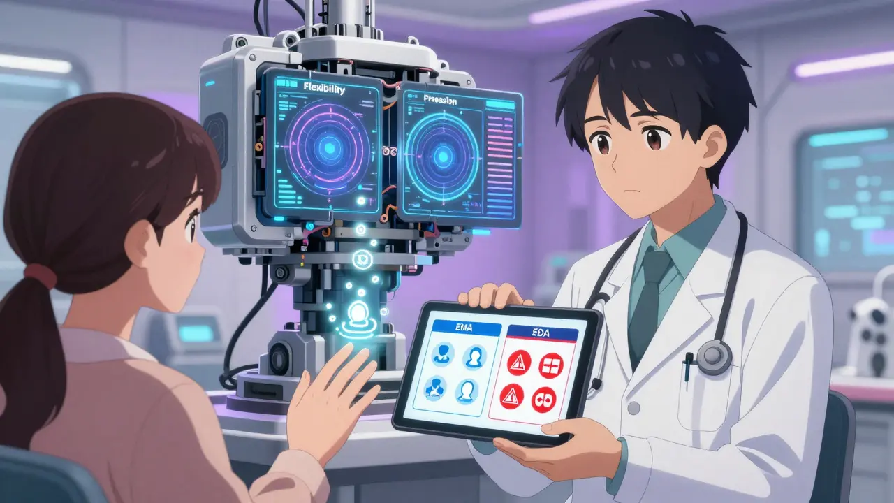 A doctor and patient view conflicting drug labels on a tablet, while a dual-core AI analyzes regulatory data behind them.