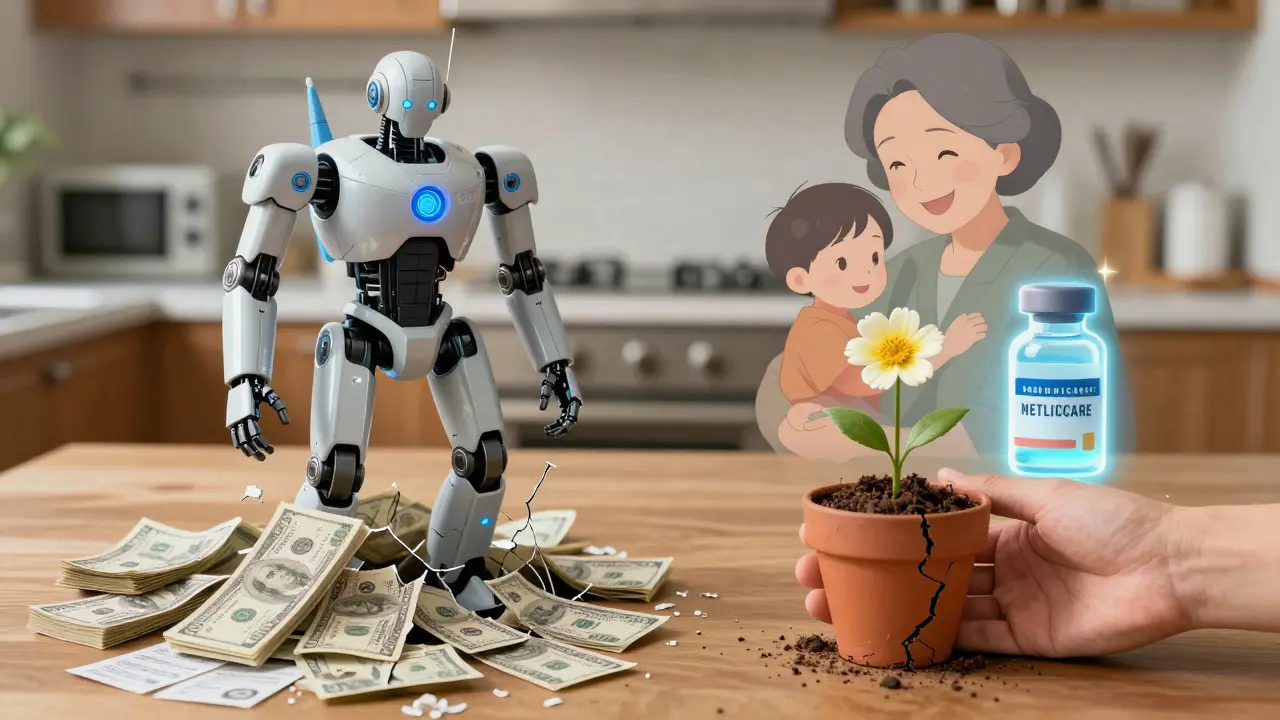 A financial scale contrasted with a hand planting a flower, representing the cost of life-saving medication versus personal joy.