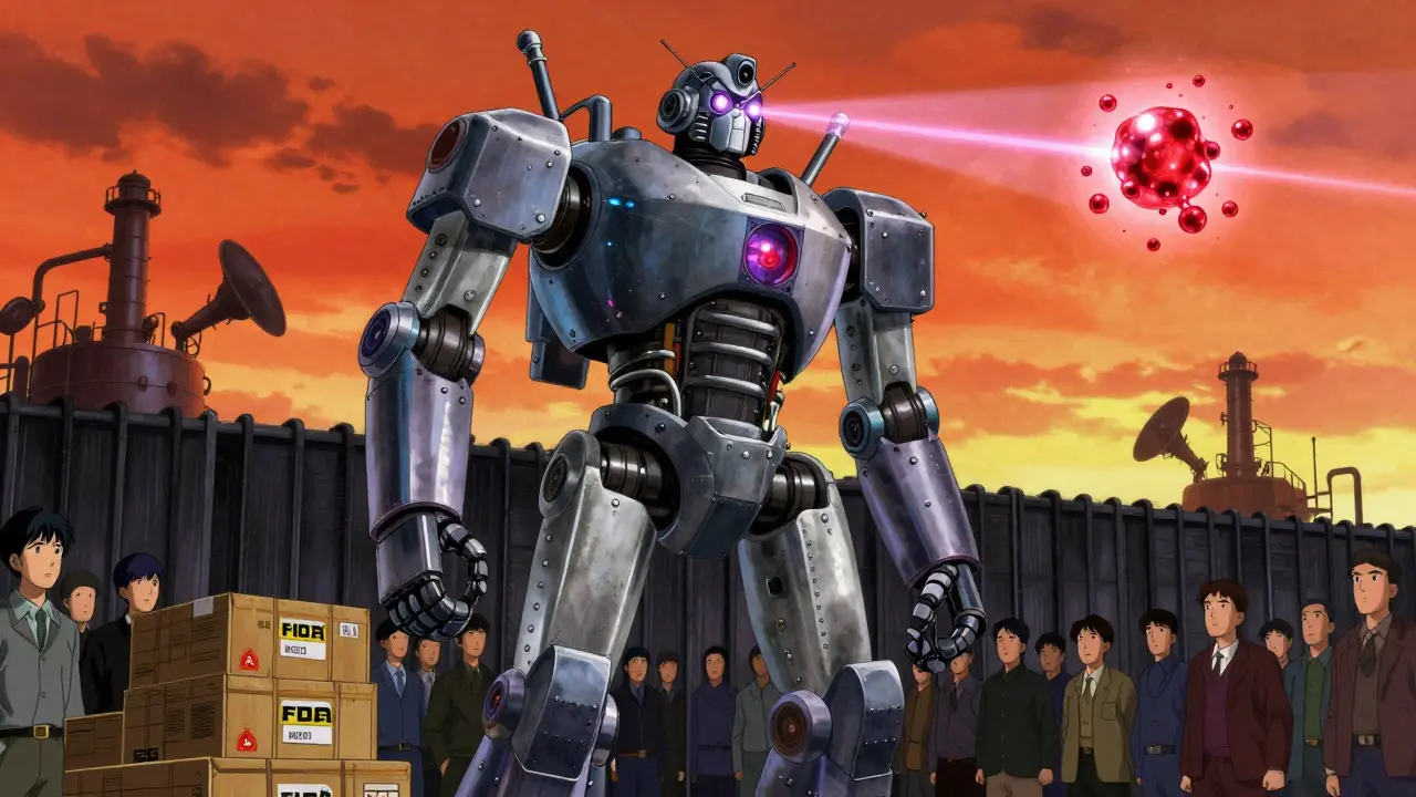 A giant FDA robot destroying poisoned drugs at the U.S. border with laser scans.