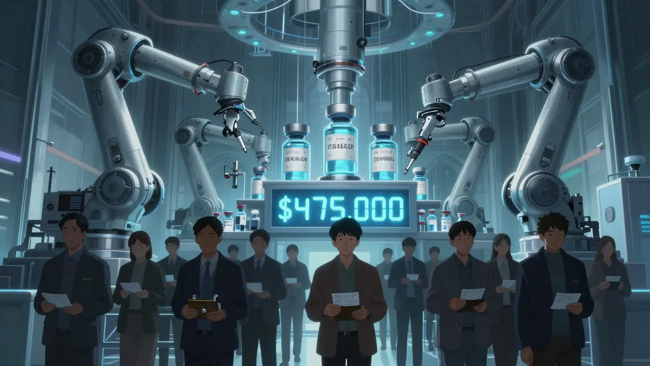 A massive factory assembling personalized gene therapies, with patients holding empty wallets beneath a towering price tag.