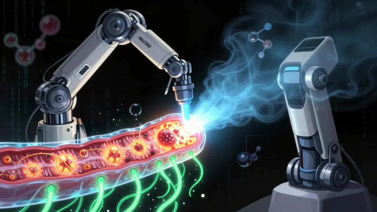 A mechanical arm delivers heat ablation to Barrett’s tissue, with regenerating healthy cells glowing green below.