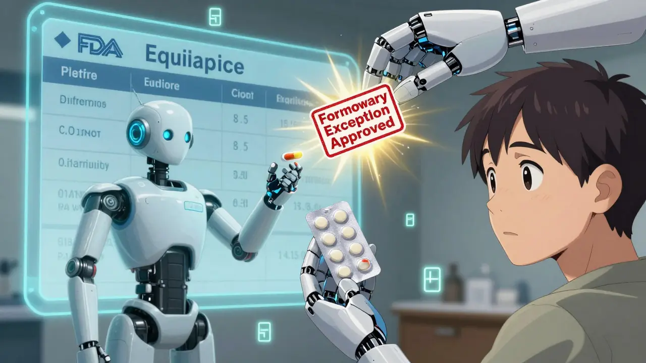 A patient holds two pills as a robotic hand approves a formulary exception, transforming the brand into generic.
