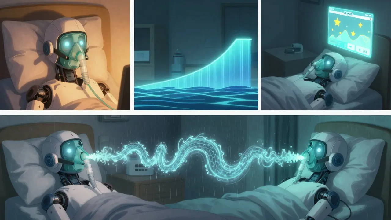 A patient progresses through four stages of CPAP adaptation with glowing air streams and a floating adherence app.