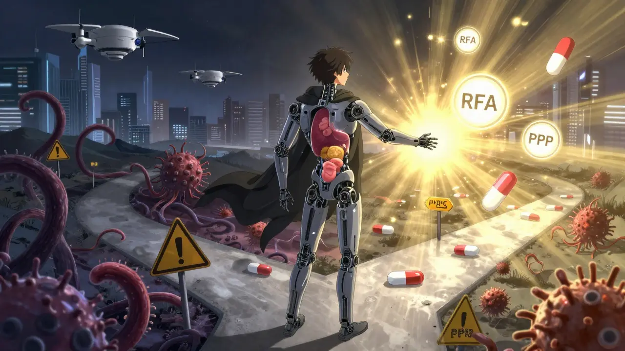 A patient stands at a crossroads between cancer and treatment, with medical technologies glowing in golden light.