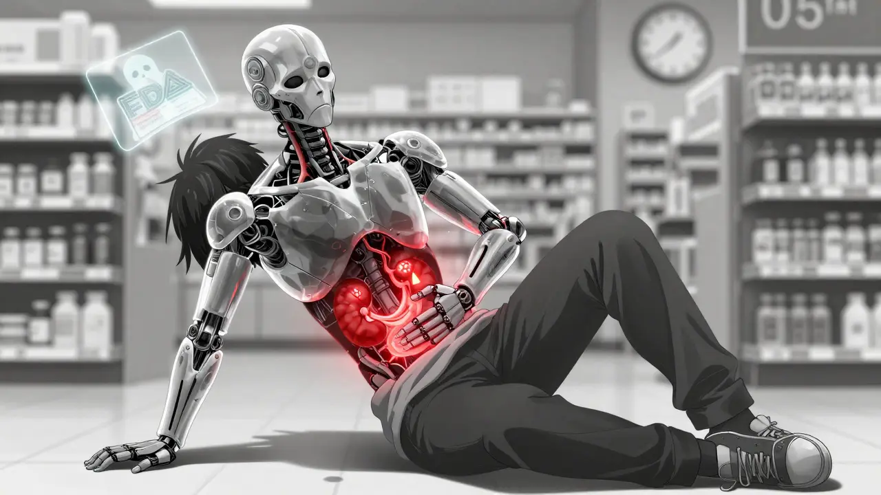 A person collapses as their robotic body reveals stomach and kidney damage from NSAID overuse.